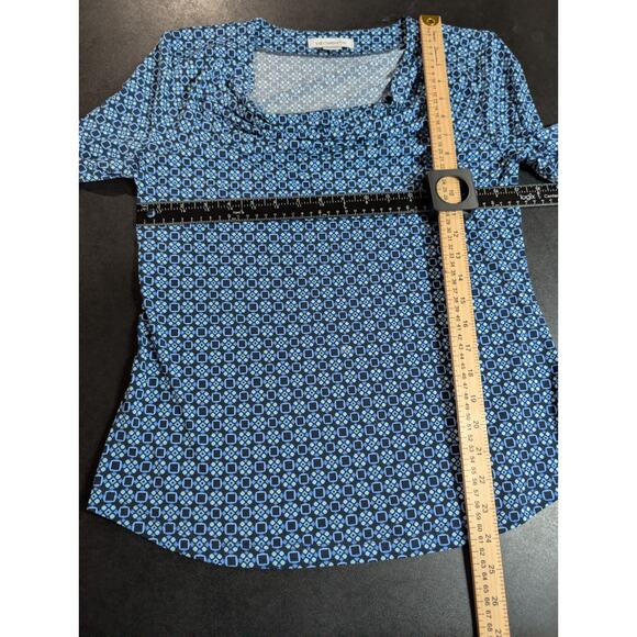 Liz Claiborne Women's Size Medium Draped Neck Geometric Long Sleeve Blue Shirt - Picture 7 of 11